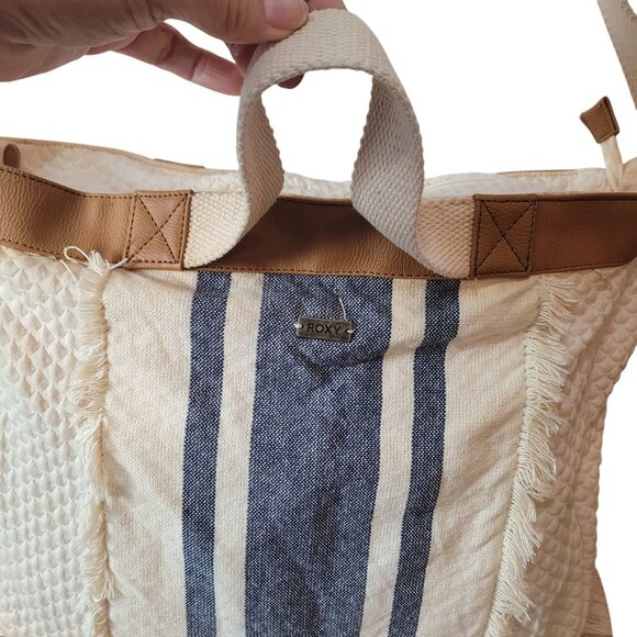 Roxy Quilted Canvas Blue & Off White Shoulder/Tote Bag Striped Design Coastal - Picture 2 of 12